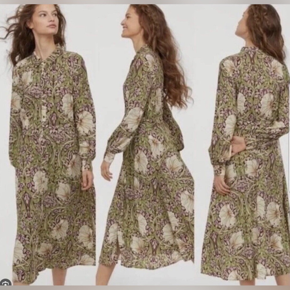 Morris & Co x H&M Floral Green and burgundy Women's midi Dress